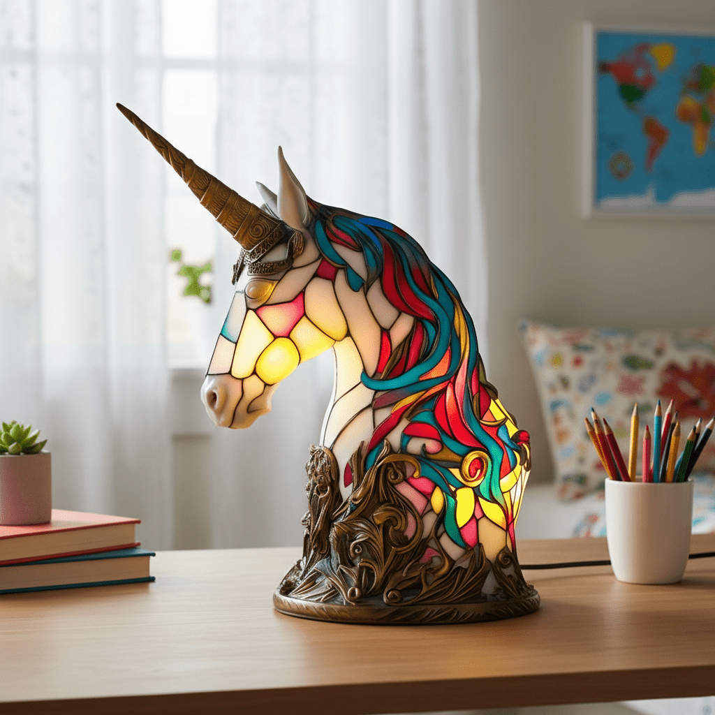 Lámpara vitral Unicornio Encantador Luna decoración hogar Glow - Madrid.com