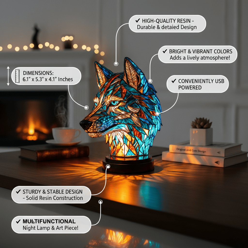 Lámpara vitral Lámpara Bo en Forma de Lobo decoración hogar Glow - Madrid.com