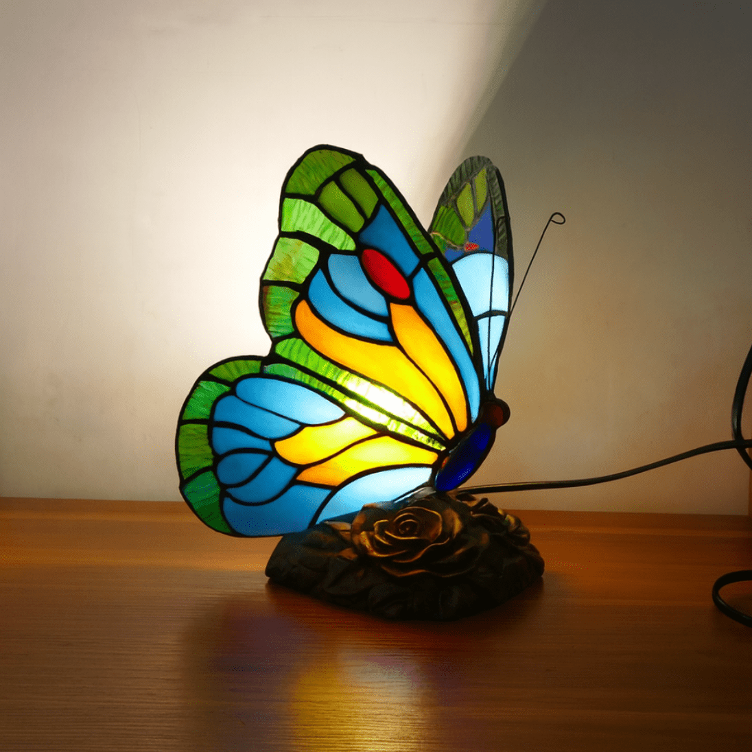 Lámpara vitral Lámpara de Mariposa Azul Esculpida decoración hogar Glow - Madrid.com